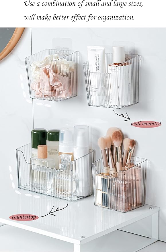 Set Of 2 Storage Organizer Bins Wall Mounted Shower Caddy, Bathroom shelves Stackable Clear Plastic Toothbrush Holder Adhesive Hanging Bin for Bathroom, Kitchen, Cabinet, Shower BPA Free Small (Clear)