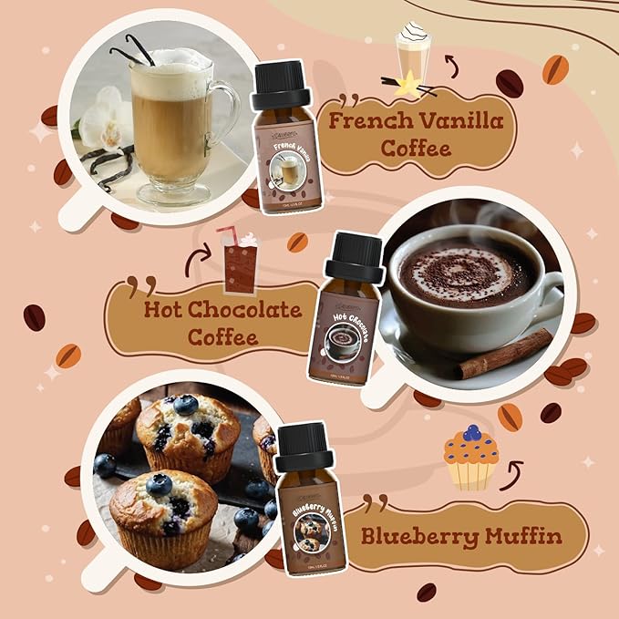 SALUBRITO Coffee Fragrance Oils Set, Premium Essential Oils for Diffuser, Candle, Soap Making, Blueberry Muffin, Eggnog Latte, Caramel Machhiato, Cafe Mocha, French Vanilla, Hot Chocolate, Scented Oil
