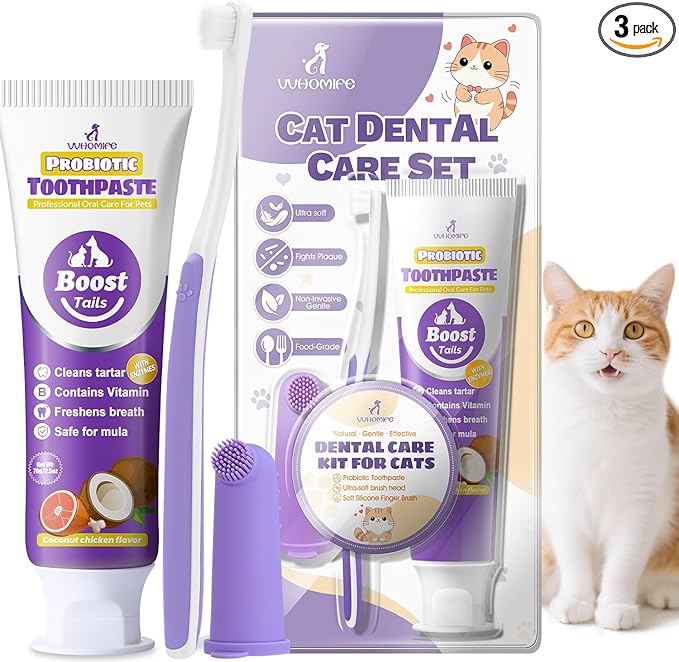 Cat Toothbrush and Toothpaste Kit - Includes Toothpaste (Coconut Chicken 2.5 oz.) Soft Brush, Finger Brush - Provides Safe and Effective Oral Care for Kittens and Adult Cats