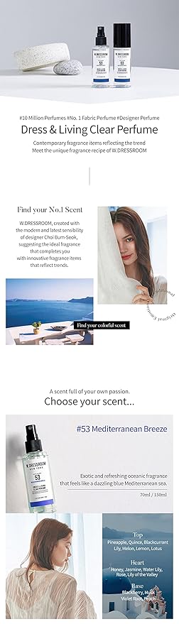 W.Dressroom Dress & Living Clear Perfume Spray Set of 2 – No.53 Mediterranean Breeze + No.64 Lovely Rose | Multi-Purpose Room & Fabric Spray, Long-Lasting Fragrance Mist, Travel Size Gift Set