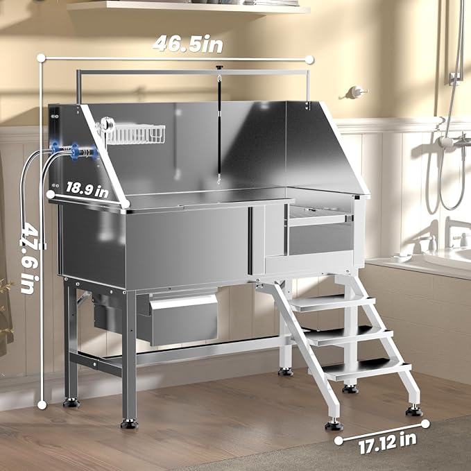 46" Dog Washing Station, Professional Stainless Steel Dog Bathtub w/Ramp & Storage Drawer, Adjustable Grate, Non-Slip Design, Home Grooming & Large Dogs (Right Stair)