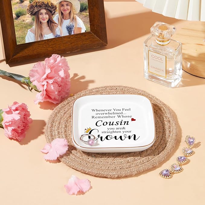 Christmas Cousin Gifts for Women Unique Jewelry Dish Tray Trinket Dish – Remember Whose Cousin You Are – Straighten Your Crown – Birthday Gifts for Cousin Graduation Thanksgiving Valentines