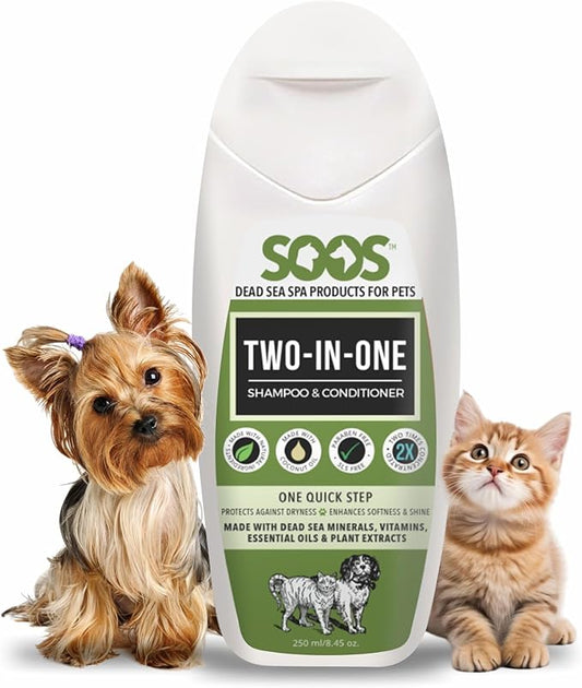 Soos Pets Two-in-One Shampoo Plus Conditioner for Dogs & Cats | 2-in-1 Natural Dead Sea Minerals | Cleansing & Moisturizing Formula | Gentle on Skin, Promotes Soft Shiny Coat - 250ml