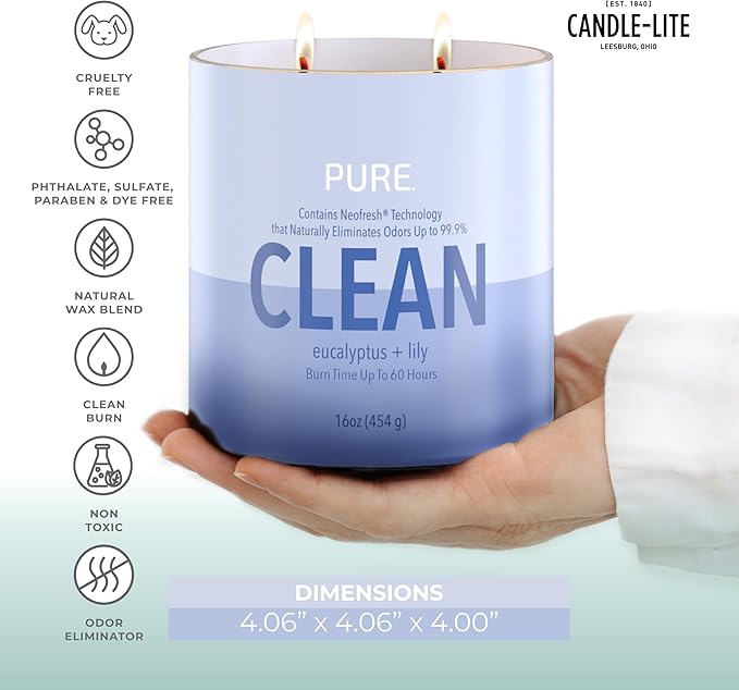 Candle-Lite Pure Eucalyptus & Lily Odor Eliminating Scented Candles, Neofresh Technology Eliminates 99.9% of Odors, 16 oz 2-Wick Jar, Proudly Poured in The USA, Up to 60 Hours Burn Time