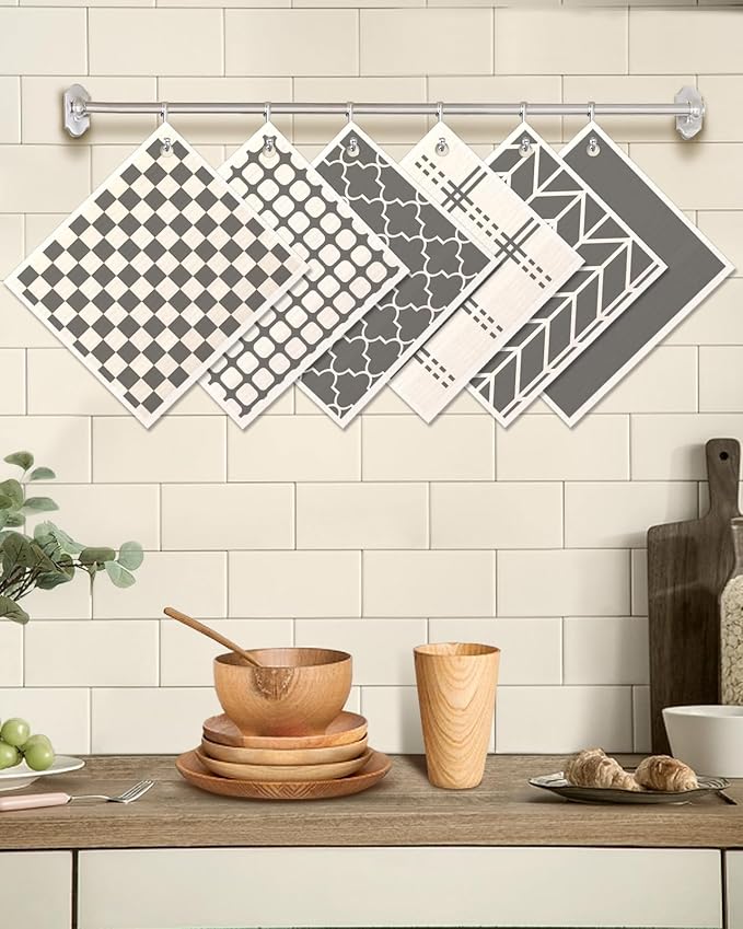 6 Pack Swedish Dishcloths for Kitchen - Reusable Dish Cloths for Washing Dishes Absorbent Cute Funny Kitchen Towels Cleaning Sponge, Grey Checked