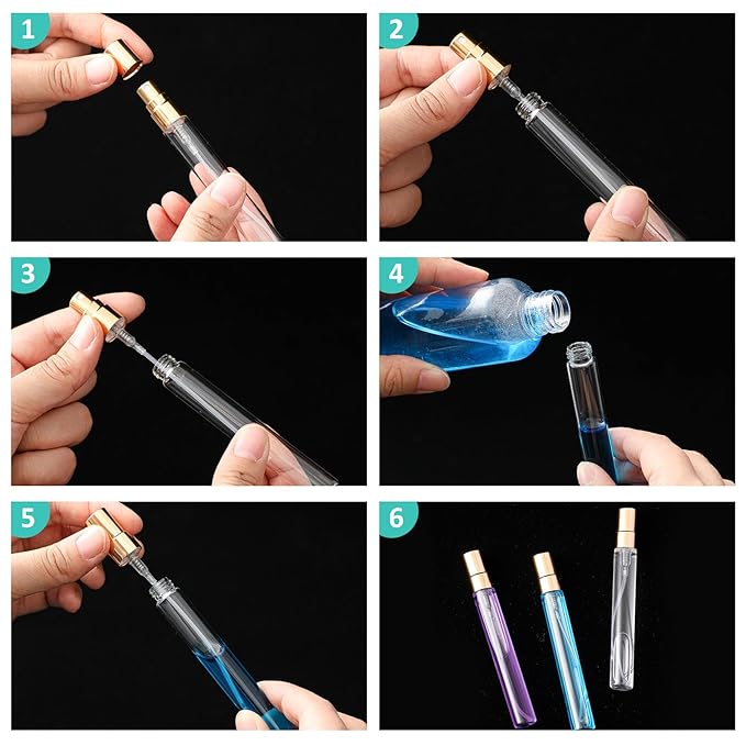 Zhehao 100 Pcs Mini Spray Bottles 10 ml Clear Glass Perfume Bottles Refillable Fine Mist Perfume Atomizer Portable Empty Sample Containers for Cleaning, Essential Oils, Travel (Gold Cap)