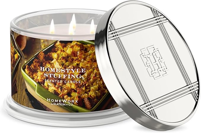 HomeWorx by Slatkin & Co Premium Scented 4-Wick Candle, Homestyle Stuffing - 18 oz - Long-Lasting Jar Candle, 30-55 Hours Burn Time - Notes of Toasted Bread, Melted Butter, Chopped Sage & Rosemary