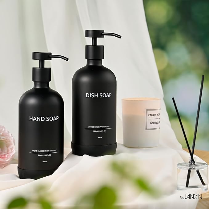 Kitchen Soap Dispenser Set with Non-Slip Protective Silicone Pad,Hand Soap Dispenser for Kitchen and Bathroom Decor, Black Kitchen Accessories (Black Bottles +Black Pumps)