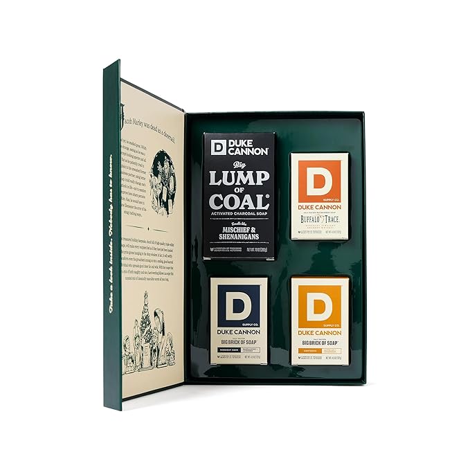 Duke Cannon Men’s Holiday Soap Gift Set – Lump of Coal 10 oz Bar + 3 Junior Bars (American Bourbon, Sawtooth, Midnight Swim) – Christmas Gift, Stocking Stuffer, Grooming Set for Men