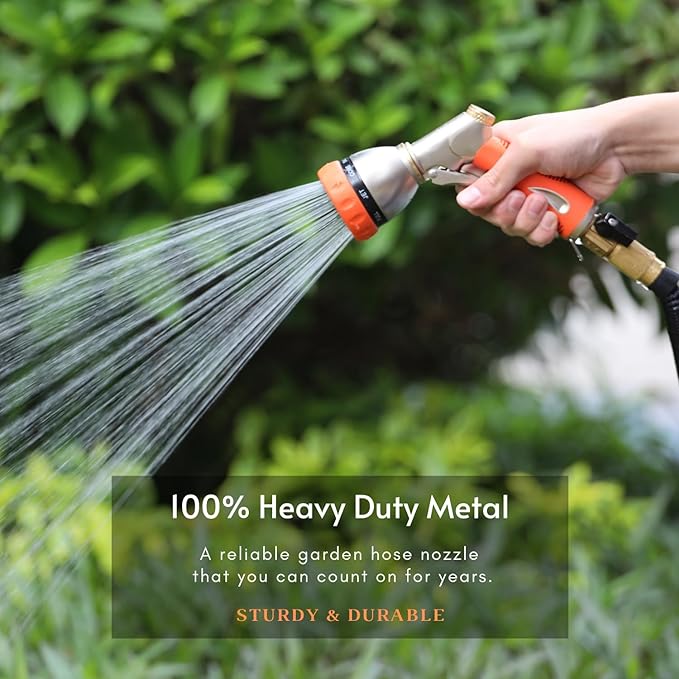 HOSUN Garden Hose Nozzle Sprayer Heavy Duty, 100% Metal Water Hose Nozzle with 8 Spray Patterns, High Pressure Hose Spray Nozzle with Non-Slip Grip for Watering Plant & Lawn, Washing Car & Pet, Orange