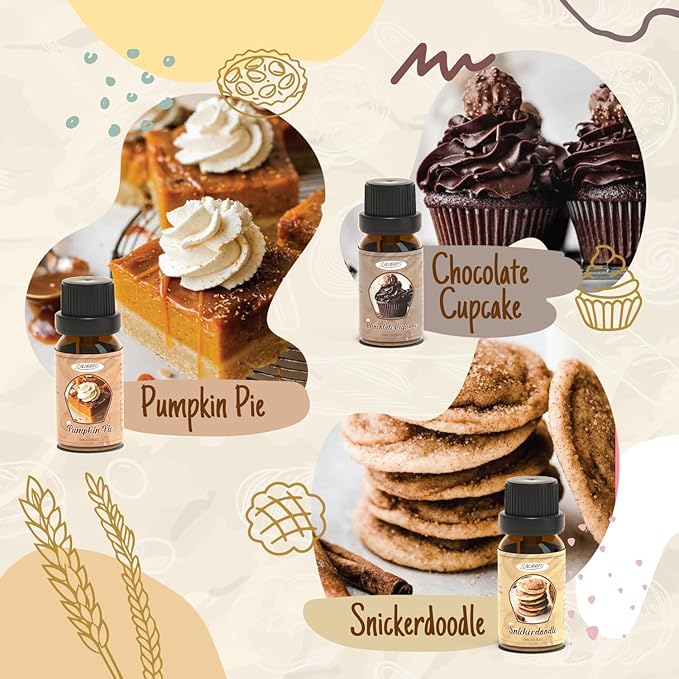 SALUBRITO Bakery Fragrance Oils Set, Premium Essential Oils Set for Candle, Soap Making, Diffuser - Pumpkin Pie, Chocolate Cupcake, Snickerdoodle, Gingerbread, Creamy Vanilla, Sugar Cookies