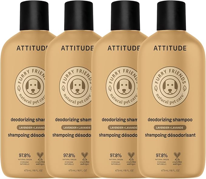 ATTITUDE Natural Deodorizing Shampoo for Cat & Dog, Vegan and Cruelty-Free, Grooming Products, Lavender, 16 Fl Oz (Pack of 4)