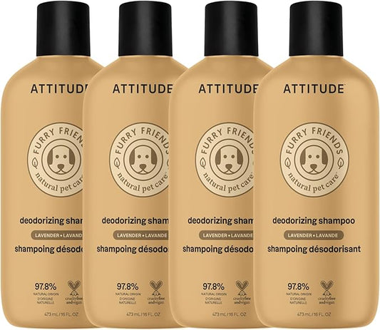 ATTITUDE Natural Deodorizing Shampoo for Cat & Dog, Vegan and Cruelty-Free, Grooming Products, Lavender, 16 Fl Oz (Pack of 4)