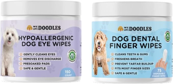 We Love Doodles Dog Teeth Cleaning Wipes & Dog Eye Wipes- Pet Dental Finger Wipes for Dogs, Freshens Breath Dog Dental Wipes, Pre-Soaked Pet Eye Wipes Pads, Safe Dog Eye Cleaner