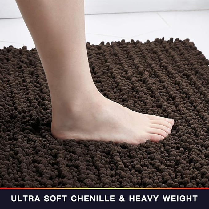 Walensee Bathroom Rug Non Slip Bath Mat (36x24 Inch Brown) Water Absorbent Super Soft Shaggy Chenille Machine Washable Dry Extra Thick Perfect Absorbant Best Large Plush Carpet for Shower Floor