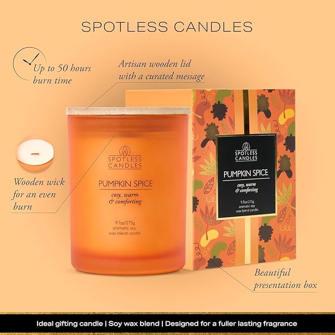 Pumpkin Spice Candle - 9.7 oz /275g Pumpkin Candle in Orange Frosted Glass Jar with Wooden Lid and Wooden Crackling Wick in Luxurious Gift Box - Cosy, Warm and Comforting