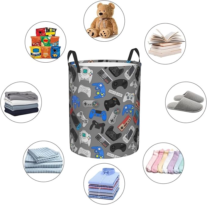 Video Game Grey Background Laundry Hamper Bag With Waterproof Liner - Gaming Theme Round Laundry Basket Foldable Clothes Storage Organizer For Bathroom Bedroom Nursery Dorm, M-19.6"X 15.7"