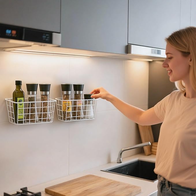 2 Set LeleCAT Hanging Wall Basket Organizer Over the Cabinet Door Adhesive Wire Baskets for Organizing Kitchen Food Pantry Bathroom Shelf Storage No Drilling Wall Mounted,White