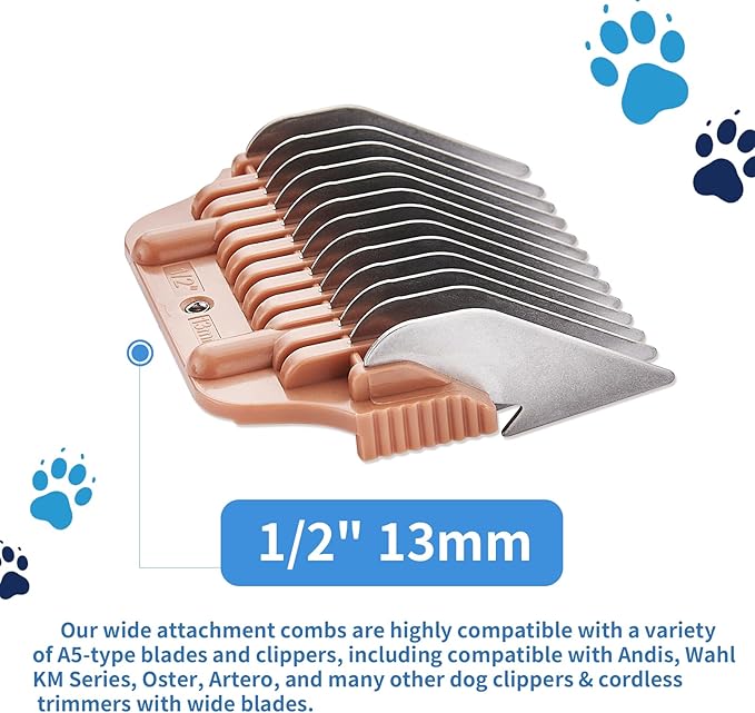 13MM 1/2Inch Pet Grooming Clipper Attachment Guard Comb, for Wide A5 Blades, Compatible with Andis, Conair, Wahl, Laube, Thrive, Bucchelli, or other A5 Series, Only Fit for 10W/15W/30W Wide Blade