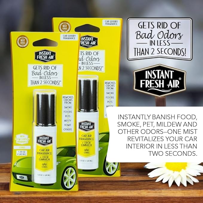 2-Pack: Dual-Action CAR AIR Freshener Citrus - Instantly Eliminates Odors from Smoke, Food, Pets, Must and more in 2 Seconds, For Commuters, Pet Owners, Rideshare Drivers, 1.35 Oz. - INSTANT FRESH AIR