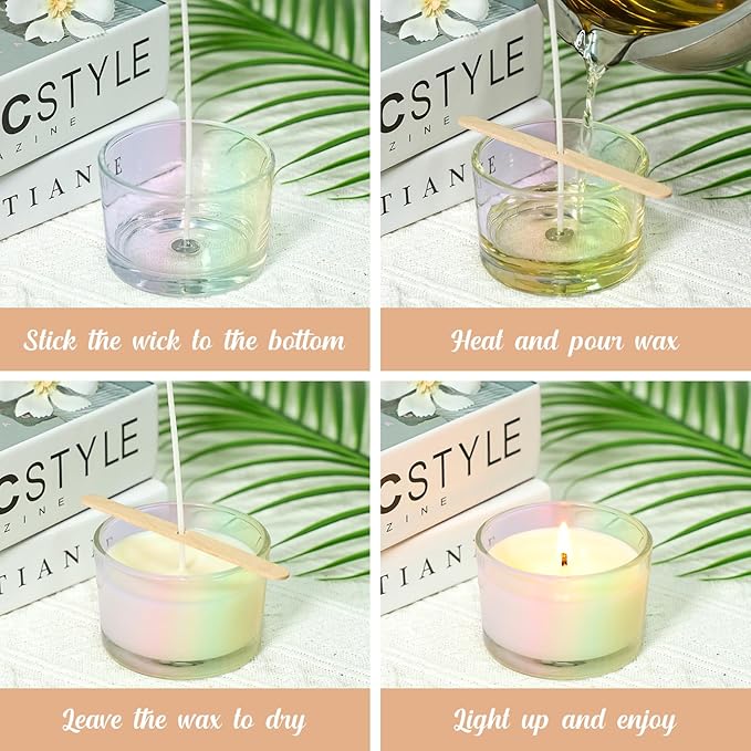 4oz Iridescent Candle Jars 15 Pack, Small Wide Mouth Glass Empty Candle Jars with Bamboo Lids for Making Candles, Bulk Candle Container with Wick Kit, Ideal for Candle Business Owners