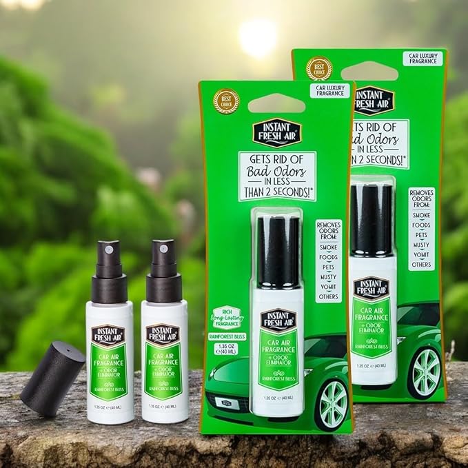 2-Pack: Dual-Action CAR AIR Freshener Rainforest Bliss -Instantly Eliminates Odors from Smoke, Food, Pets in 2 Seconds - For Commuters, Pet Owners, Rideshare Drivers 1.35 Oz. - INSTANT FRESH AIR