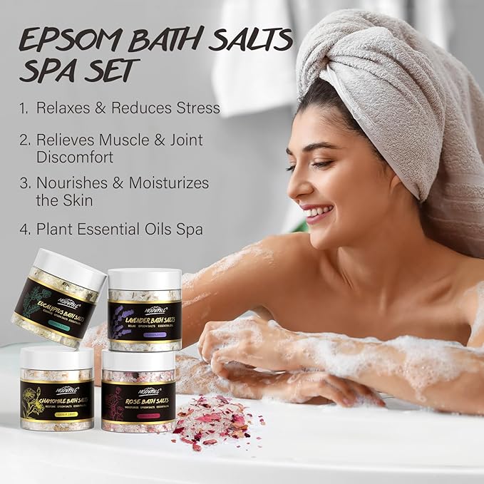 Epsom Bath Salts Gift Set for Soaking 4pcs Bath Salts with Essential Oils for Women Relaxing Lavender Eucalyptus Rose Chamomile Bath Set for Women Luxury Spa Birthday Mother's Day Christmas Gift