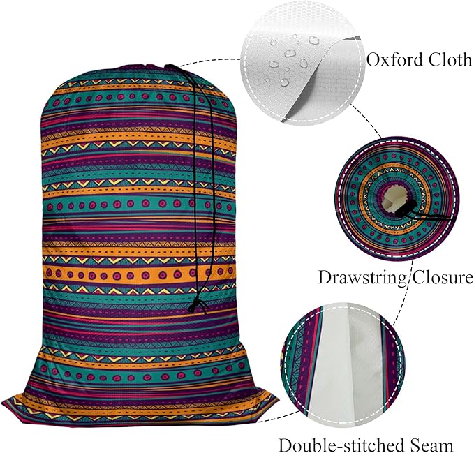 Swono Mexican Texture Heavy Duty Laundry Drawstring Bag with Strap, Indian Style Hand Drawn Abstract Backdrop 28 x 40 Inches Travel Dirty Clothes Bag for Laundromat and Household