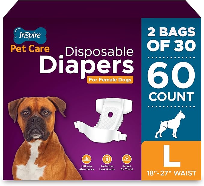 Inspire Pet Care Dog Diapers Female Dogs | Bulk Value Doggie Incontinence, Accidents, for Heat, Pee or Period and Housebreaking (Large (60 Count))