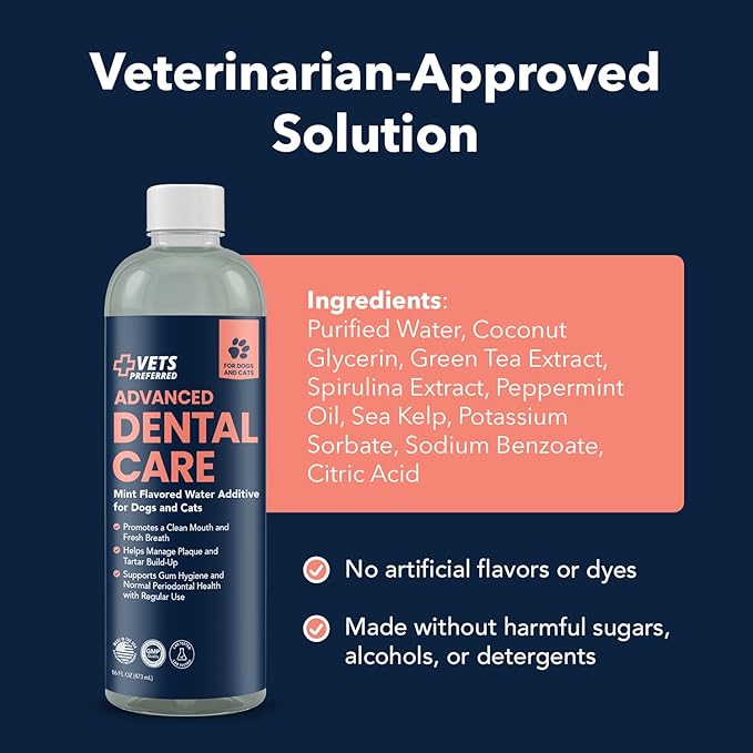 Vets Preferred Dog Breath Freshener & Water Additive for Dental Care – Fights Bad Breath, Removes Tartar & Plaque – Dog Mouthwash for Healthy Teeth & Gums, Gingivitis Support – Mint Flavor
