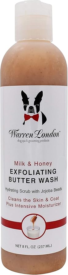 Warren London Exfoliating Butter Wash – Milk & Honey Dog Shampoo, 8 oz | Cleans, Exfoliates & Deep-Conditions in One | Jojoba Beads Remove Dandruff & Itch | Non-Oily Shine | Made in USA