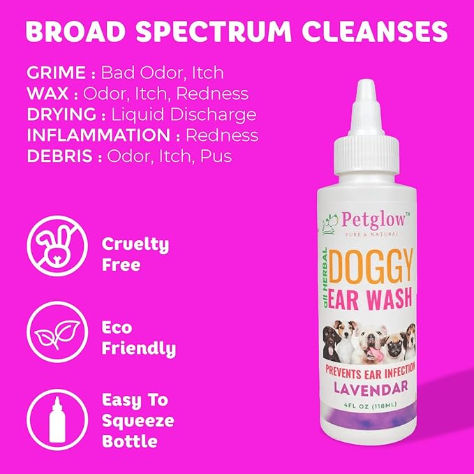 Petglow Dog Ear Cleaner, Gentle Wax Remover, Gentle Ear Cleaning Drops, Effective Ear Drops for Itch, Odor, Aloe Vera and Turmeric Ear Cleaning Solution for Dogs, Cruelty-Free
