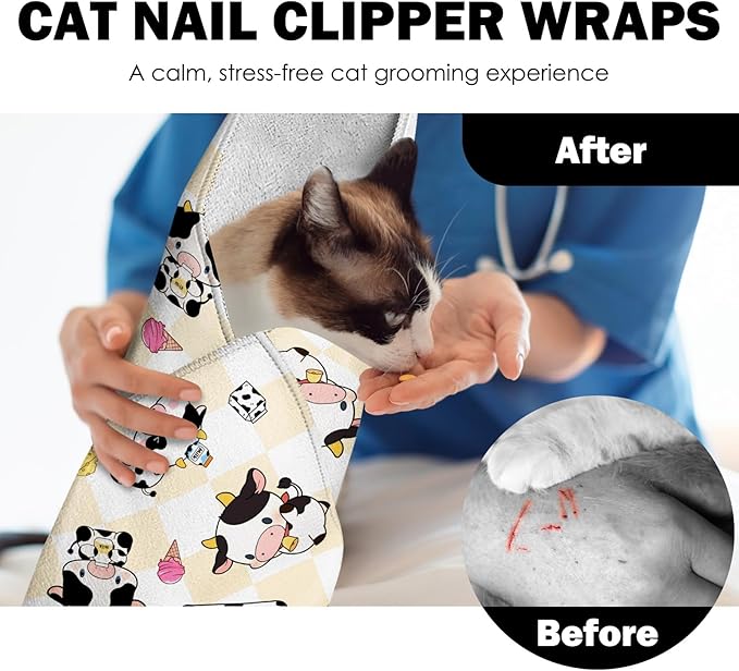 27.6" Cat Grooming Wrap, Self Adhesive Cat Wrap for Cutting Nails, Anti-Escape Calming Cat Swaddle Wrap for Medicine Ear Cleaning, Cow Anti-Scratch Cats Burrito Restraint Blanket, Pet Tool (6-10 lbs)