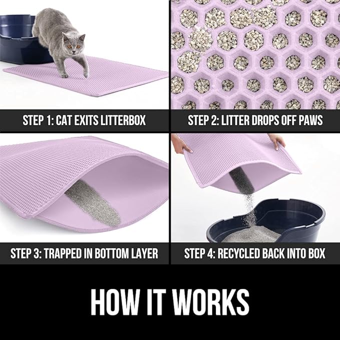 GORILLA GRIP Honeycomb Cat Litter Box Mat, Two Layer Trapping Waste Mats, Soft On Paws, Litter Box Supplies and Essentials for Indoor Cats, Traps Excess, Water Resistant for Floors, 24x15 Purple