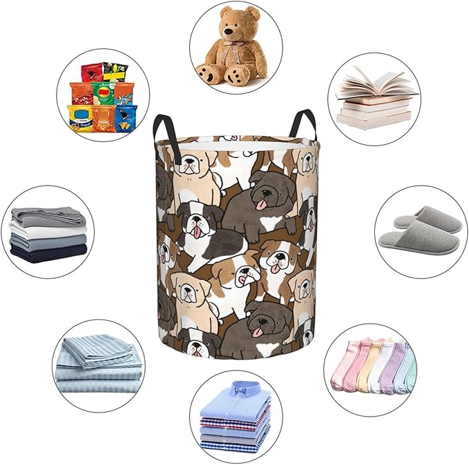 Cute Dogs Laundry Hamper Bag With Waterproof Liner - Cartoon Bulldog Puppy Round Laundry Basket Foldable Clothes Storage Organizer For Bathroom Bedroom Nursery Dorm, M-19.6"X 15.7"
