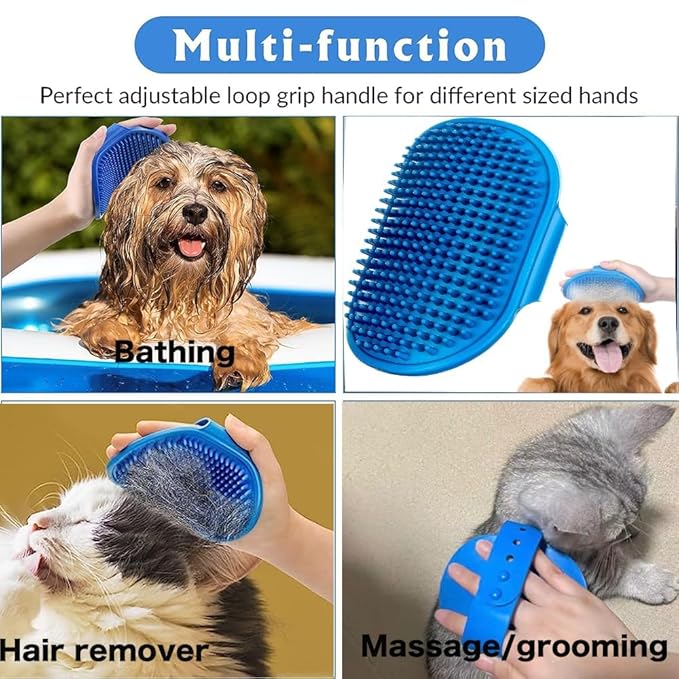 3PCS Dog Bath Brush, Dog Shampoo Brush Dog Scrubber for Bath, No Slipping Pet Shower Grooming Massaging Washing Brush with Adjustable Ring Handle for Short & Long Haired Dogs/Cats (Blue)