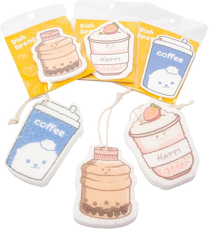 3 Pcs Compressed Wood Pulp Cotton Sponges with Hanging String, Bulk Cleaning Sponges for Dishes Kitchen Bathroom, Non-Scratch Durable and Absorbent Design, Cute Drink-Shaped