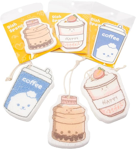 3 Pcs Compressed Wood Pulp Cotton Sponges with Hanging String, Bulk Cleaning Sponges for Dishes Kitchen Bathroom, Non-Scratch Durable and Absorbent Design, Cute Drink-Shaped