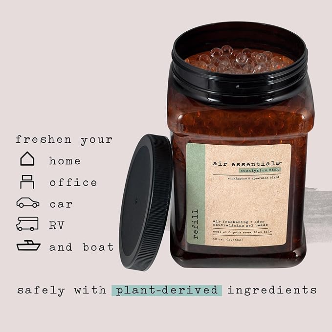 Air Essentials Air Freshener & Odor Neutralizer Gel Bead 48 oz Refill – Odor Eliminator - Made with Pure Essential Oils – Eucalyptus Mint Scent