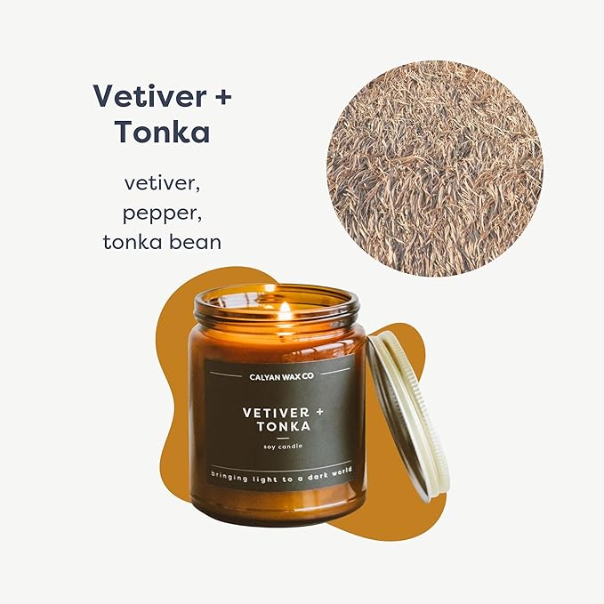 Calyan Wax Co. Soy Wax Candle, Vetiver + Tonka Scented Candle, 57 Hour Burn Time, Aromatherapy Soy Candles, Non Toxic & Vegan Soy Wax, Amber Glass Jar Scented Candles, 7.2oz