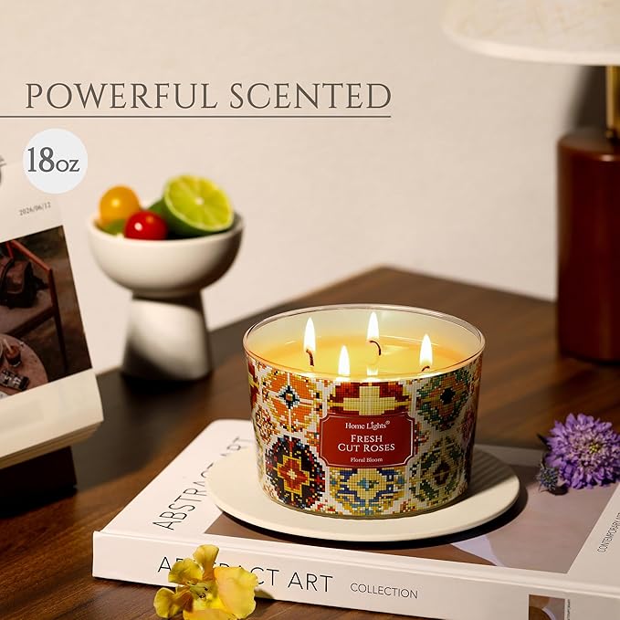 HomeLights 4-Wick Candles for Home Scented - 18oz Soy Wax Blend Candle Long-Lasting Fragrance, Bohemian Natural Textures Home Decor and Housewarming Gifts, Fresh Cut Roses