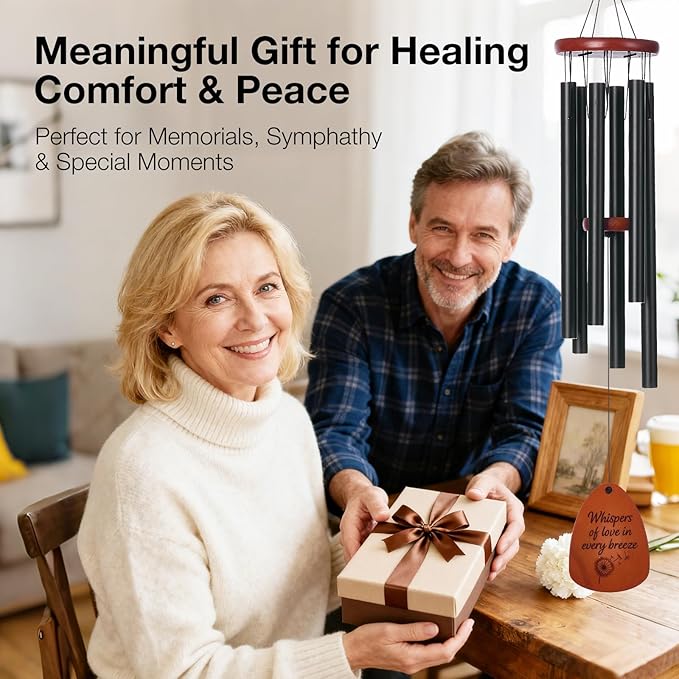 Inspirational Wind Chimes for Outside – Deep Tone Chimes with Wooden Sail | Outdoor Hanging Decor for Patio & Garden | Unique Designs, Healing Gift of Peace & Comfort (Black, 37 Inch)