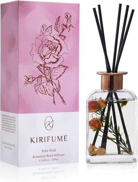 Rose Petal Botanical Essential Oil Reed Diffuser Set/6.7oz/Floral Nuances of Roses,Sage,Ruscus/Decorative Air Freshener/Home, Office, Room Décor/Aromatherapy Gift/Scentsy Home Fragrance