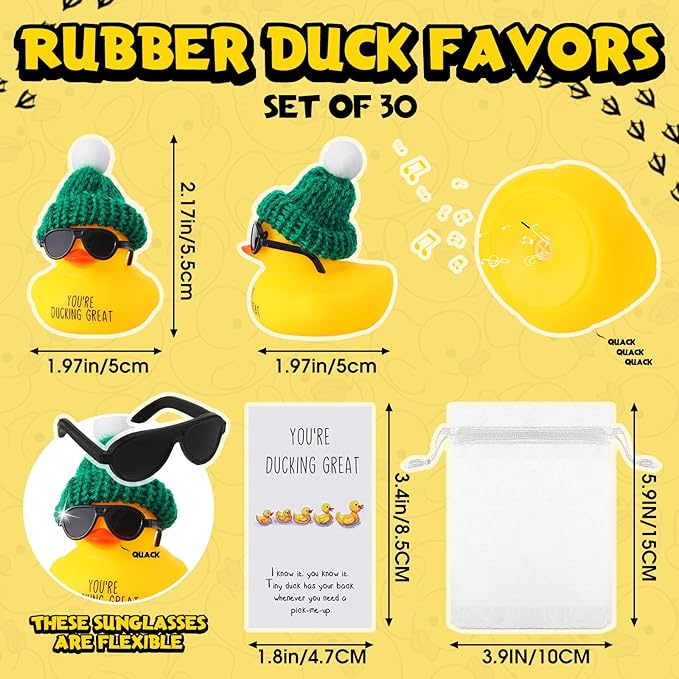 Deekin 30 Sets Thank You Gift Set You're Ducking Great Cheer up Cards Mini Rubber Ducks with Glasses and Hats with Card Organza Bags Bulk Toy for Cruises Kids Coworkers(Delicate,Lively Color)