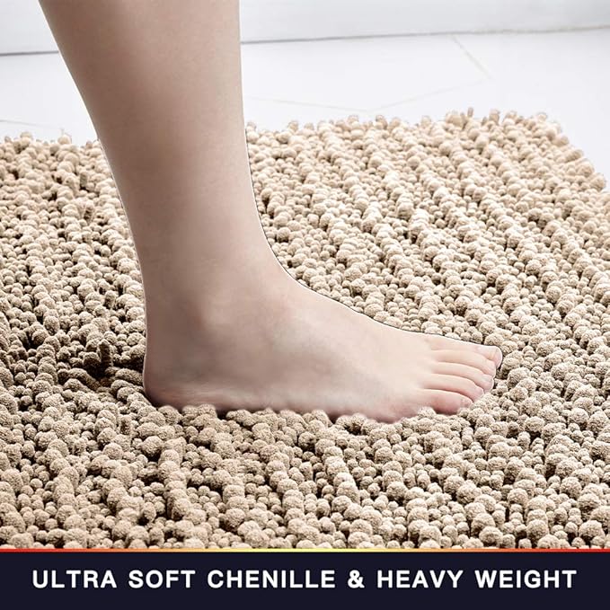 Walensee Bathroom Rug Non Slip Bath Mat (44x24 Inch Beige) Water Absorbent Super Soft Shaggy Chenille Machine Washable Dry Extra Thick Perfect Absorbant Best Large Plush Carpet for Shower Floor