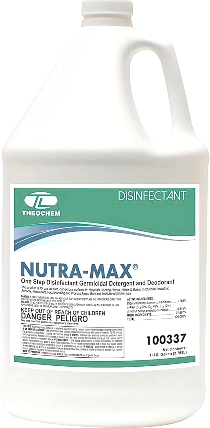 Nutra-Max Concentrated Hospital Grade Disinfectant, EPA List N Registered, Kills 99.9% Viruses & Bacteria, 1:32 Dilution Makes 32 Gallons, Commercial Strength Multi-Surface Cleaner