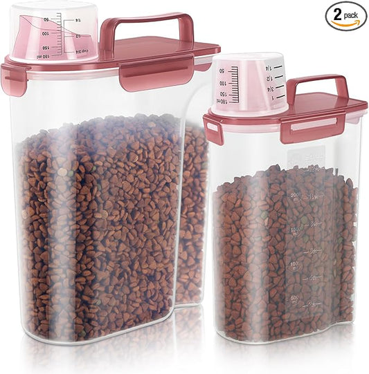 2Pack Cat Dog Food Storage Container with Upgraded Large Nozzle BPA-free, 3+5lbs Plastic Pet Food Containers with 4 Sealed Clasps/1 Measuring Cup/Handle Easy to Clean and Carry (Clear Pink)