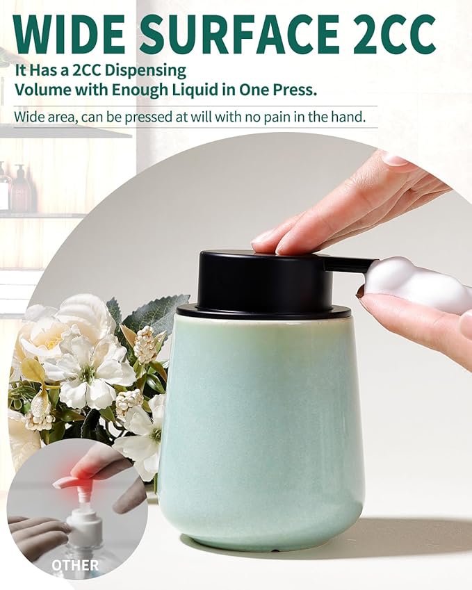 BosilunLife Foam Hand Soap Dispenser - 12 oz Bathroom Lotion Hand Pump Dispenser Light Green Foaming Soap Dispenser Ceramic Dish Liquid Dispenser for Kitchen