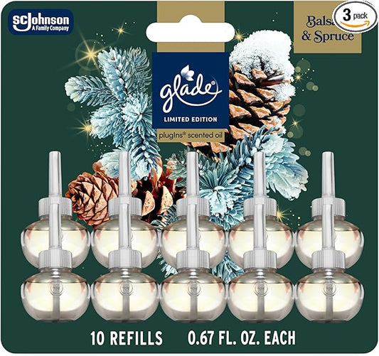 Glade PlugIns Refills Air Freshener, Balsam & Spruce, Scented and Essential Oils for Home and Bathroom, 0.67 Fl Oz, 10 Count