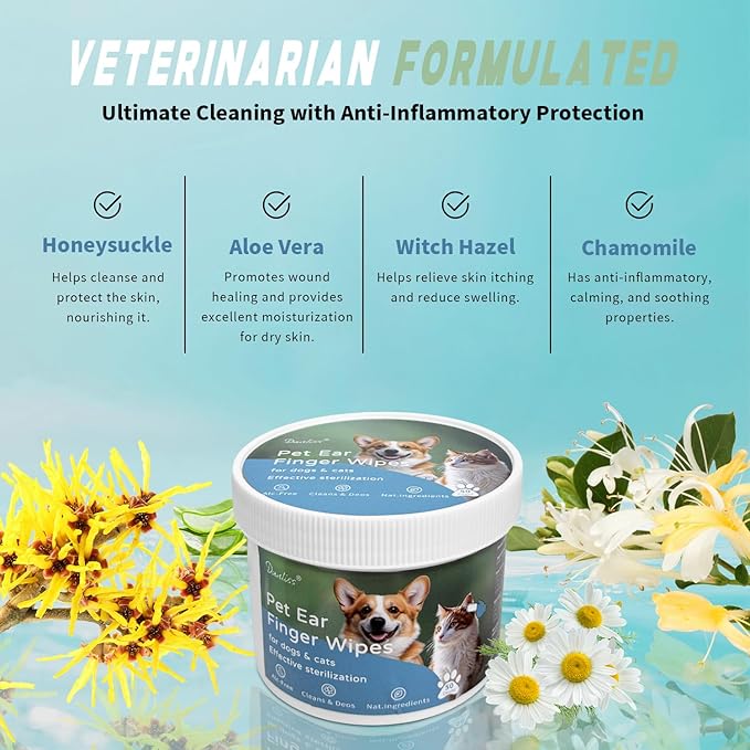 Dog Ear Cleaner Wipes Finger for Dogs & Cats, Dog Ear Infection Treatment Regular Soothing Odor Remove Ear Wax Build Up Pet Health Supplies Premium Strength Relieve Ear Itching 50 Count